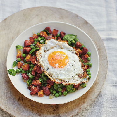 saute-ed-peas-with-chorizo-and-golden-fried-egg